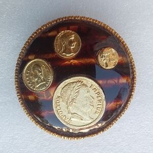 Coro Vintage Collectible Napoleon Coin Ruind Dark Tortoiseshell Bacground Brooch